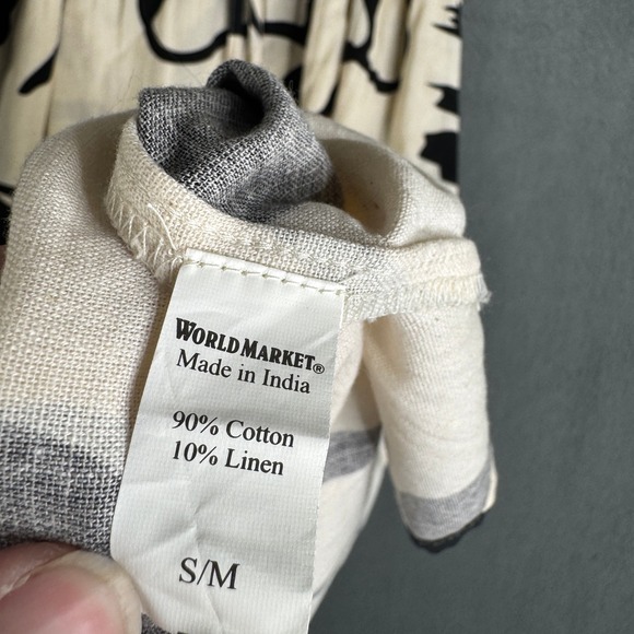 World Market Cotton Linen Abstract Graphic Maxi Kaftan Dress White Black S/M NWT - Picture 8 of 9